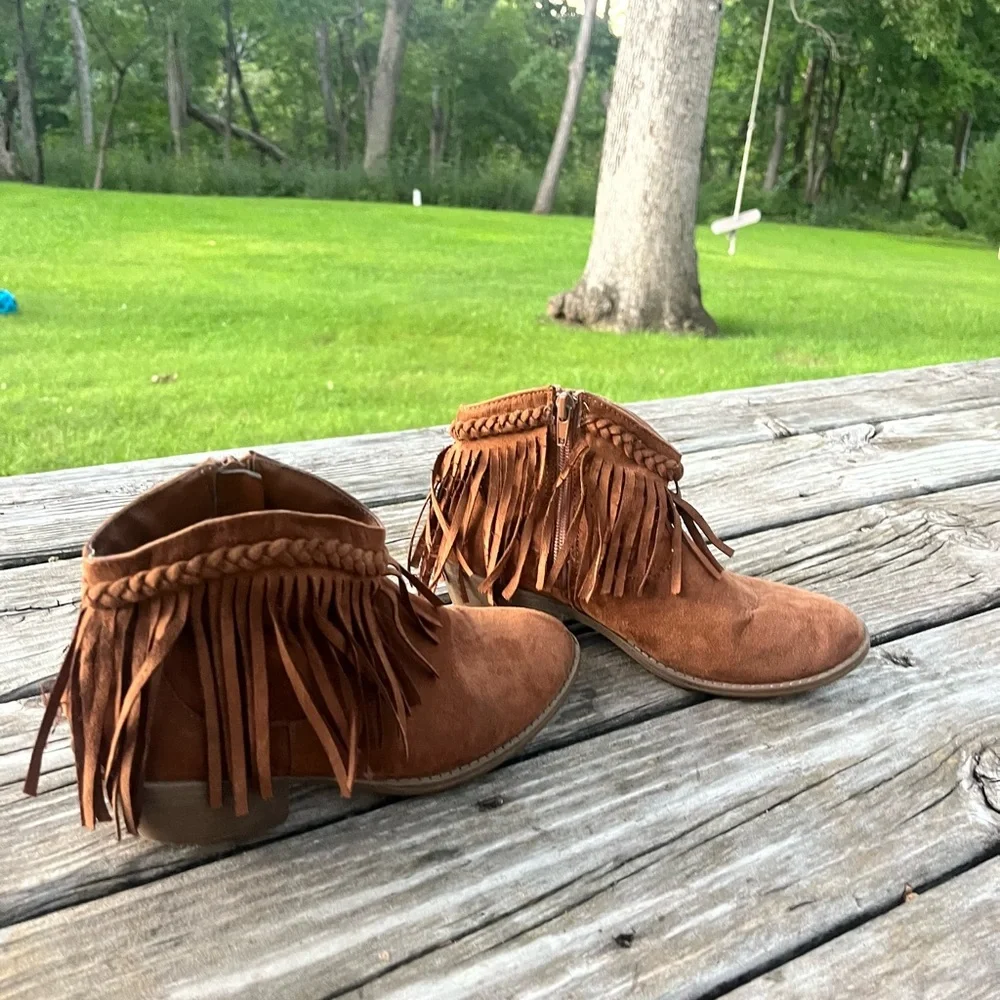 Girls’ Brown Suede Fringe Ankle Boots Tan Cowgirl Size5